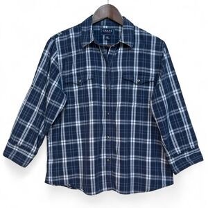 Chaps Denim Womens Navy Blue White Plaid Western Roll Tab Sleeve Shirt Large